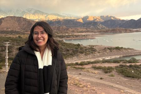 Amelia in front of mountains